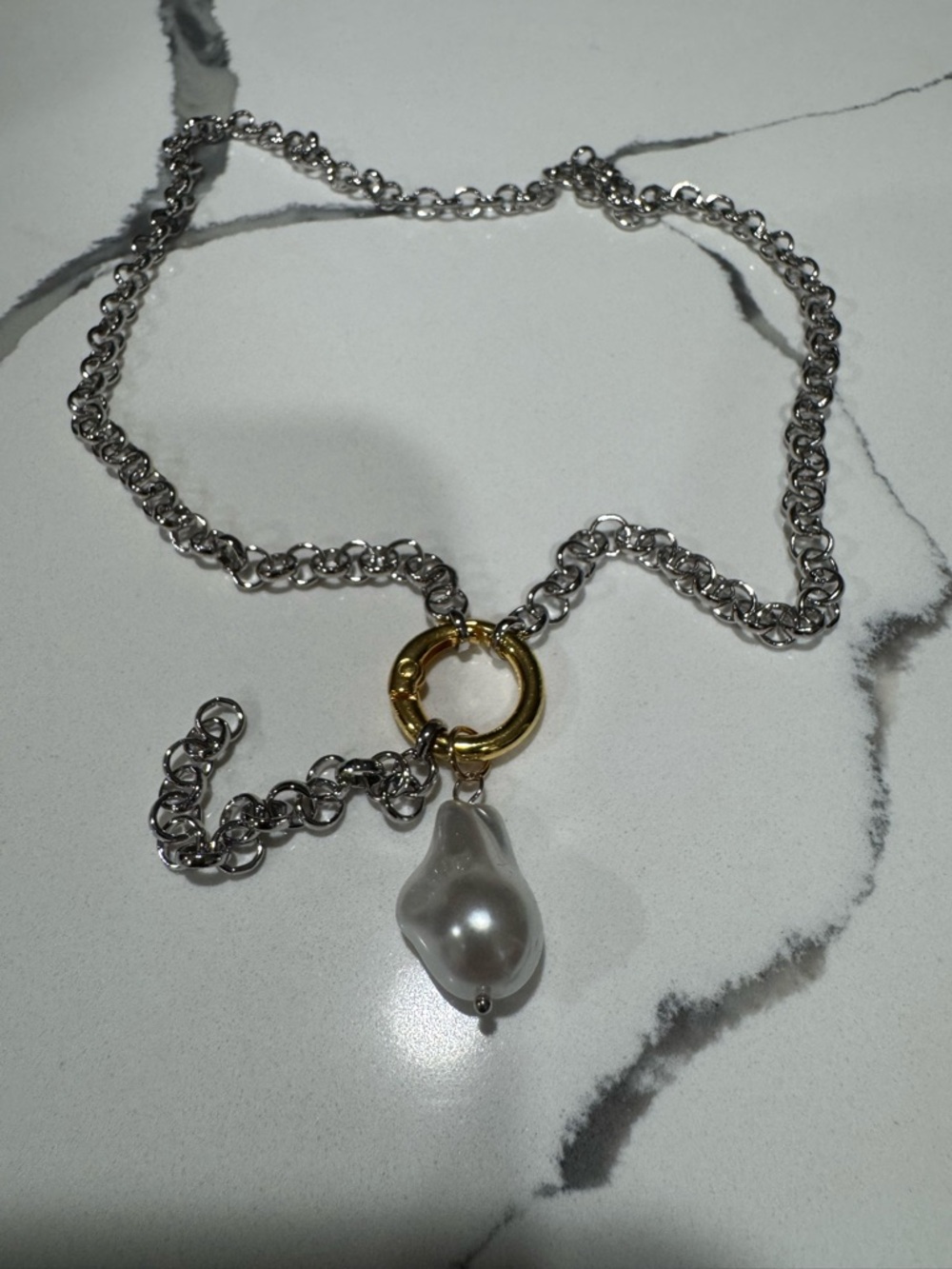 Baroque Pearl Pendant Necklace with Mixed Metal Chain - Silver & Gold
